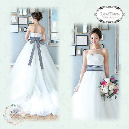 ロングストライプサッシュベルト・ネイビー 【結婚式 ドレス小物】（SB-05nv）