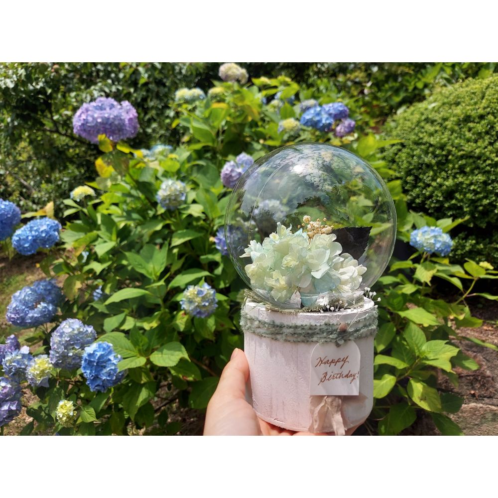 しゃぼんバルーンの紫陽花ポット*ライムブルー《名入れ出来ます アレンジ 風船》結婚祝い 祝電 電報 【結婚式 ギフト 内祝い 結婚祝い 出産祝い】