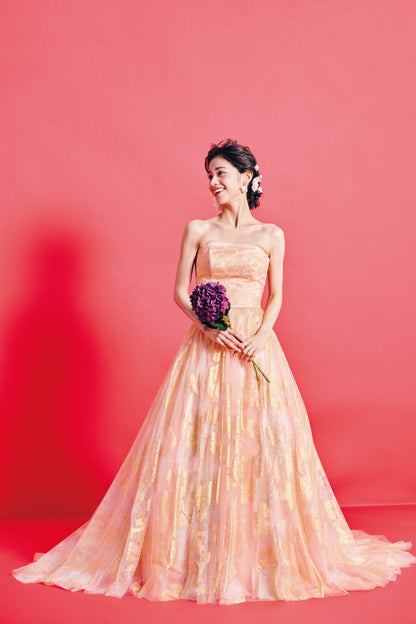 Ange アンジェ【カラードレス】箔オレンジ チュール Aラインドレス 【結婚式 レンタル】