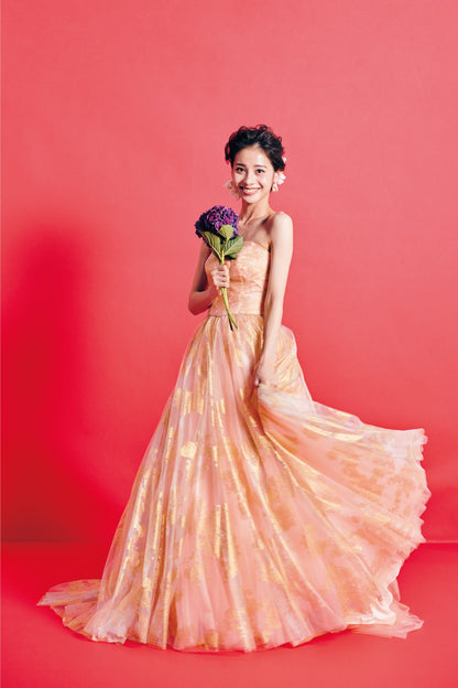 Ange アンジェ【カラードレス】箔オレンジ チュール Aラインドレス 【結婚式 レンタル】