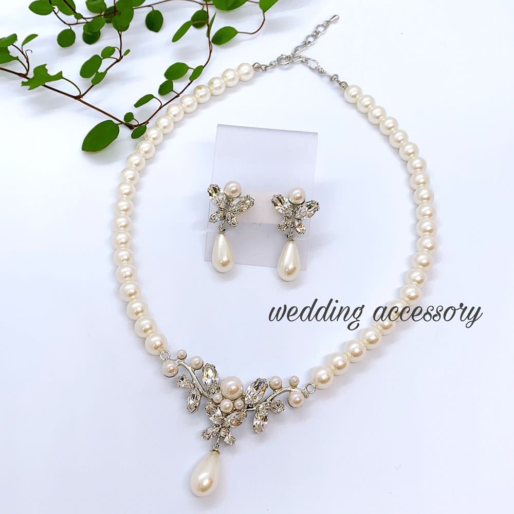 ベーシックなウェディングアクセサリー ネックレス・イヤリングセット/ブライダルアクセサリー 【結婚式 アクセサリーセット】