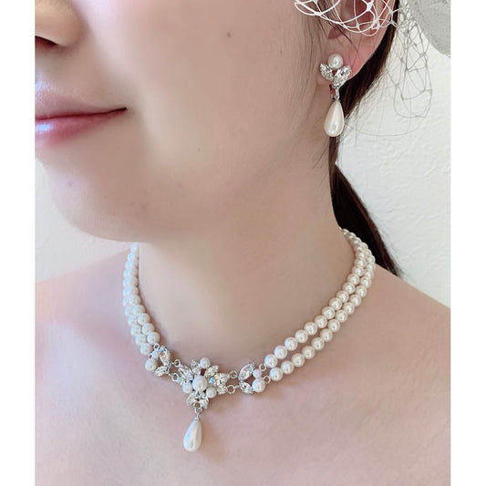 ベーシックなウェディングアクセサリー ネックレス・イヤリングセット/ブライダルアクセサリー 【結婚式 アクセサリーセット】