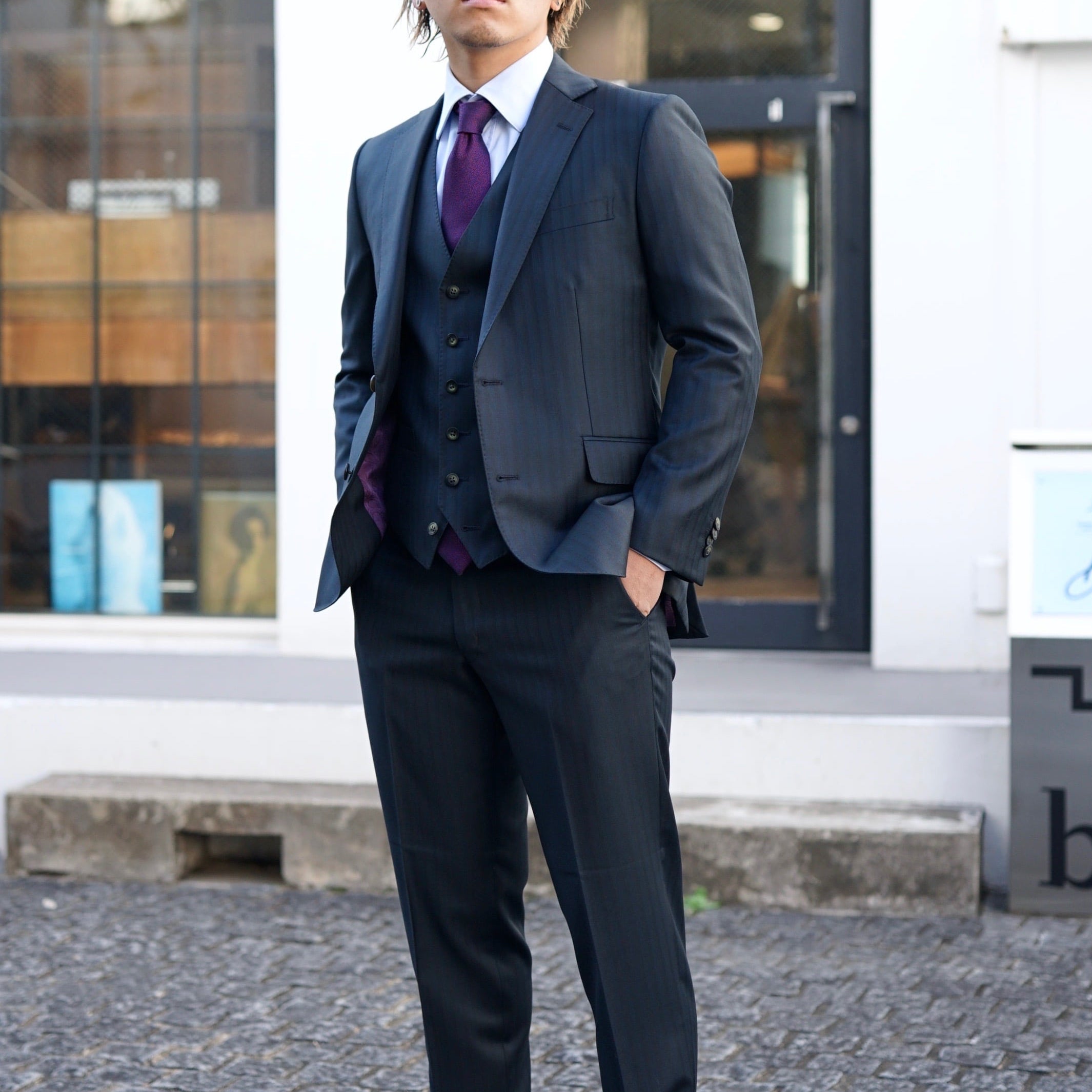 パーティー用 ネイビー系オーダースーツ 国産生地 【結婚式