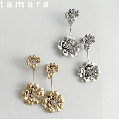 大小のフラワーイヤリング【シルバー】ブライダルアクセサリー 【結婚式 ピアス イヤリング】