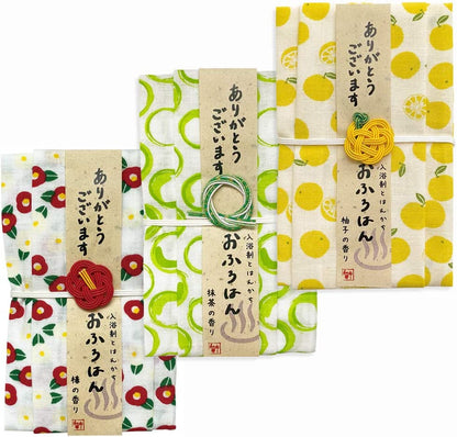 和布華 おふろはん 入浴剤 ハンカチ プチギフト お返し 心ばかり 御礼 退職 景品 ご挨拶 入学祝い (柚子/椿/抹茶_ 3点セット) メッセージ付 【結婚式 プチギフト 雑貨】