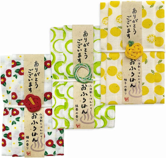 和布華 おふろはん 入浴剤 ハンカチ プチギフト お返し 心ばかり 御礼 退職 景品 ご挨拶 入学祝い (柚子/椿/抹茶_ 3点セット) メッセージ付 【結婚式 プチギフト 雑貨】