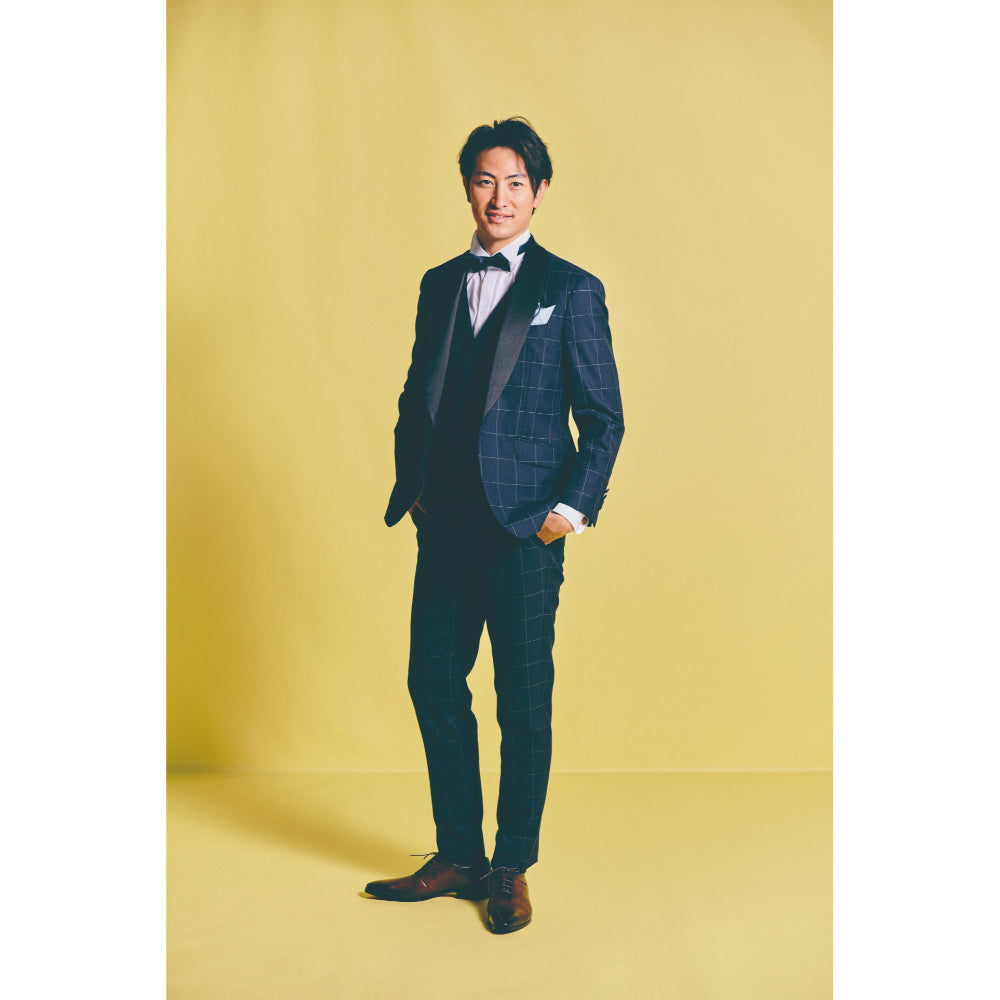 タキシード3点(ジャケット・ベスト・パンツ)セット【ネイビー/チェック】 【結婚式 タキシード レンタル】