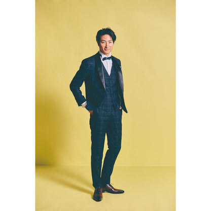 タキシード3点(ジャケット・ベスト・パンツ)セット【ネイビー/チェック】 【結婚式 タキシード レンタル】