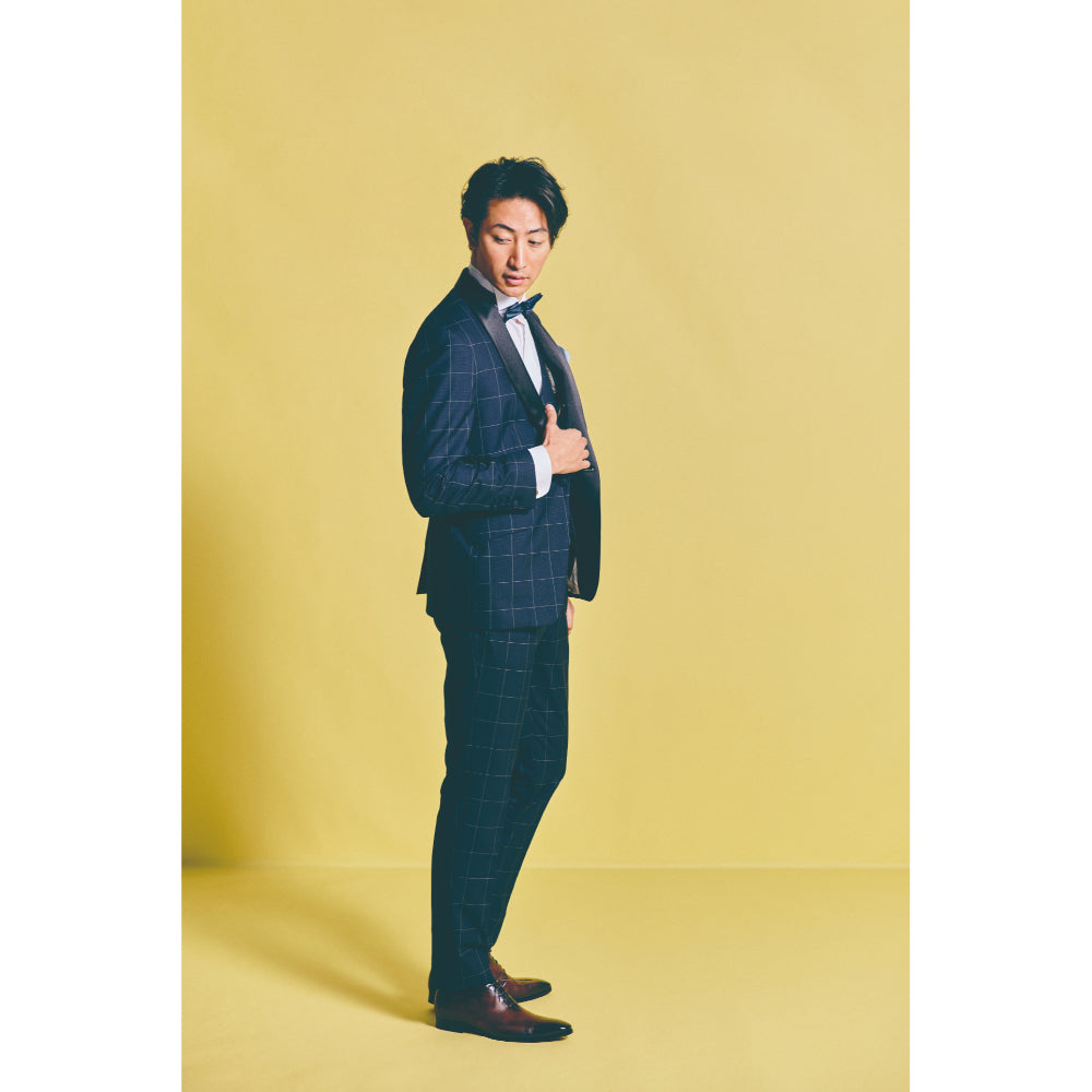 タキシード3点(ジャケット・ベスト・パンツ)セット【ネイビー/チェック】 【結婚式 タキシード レンタル】