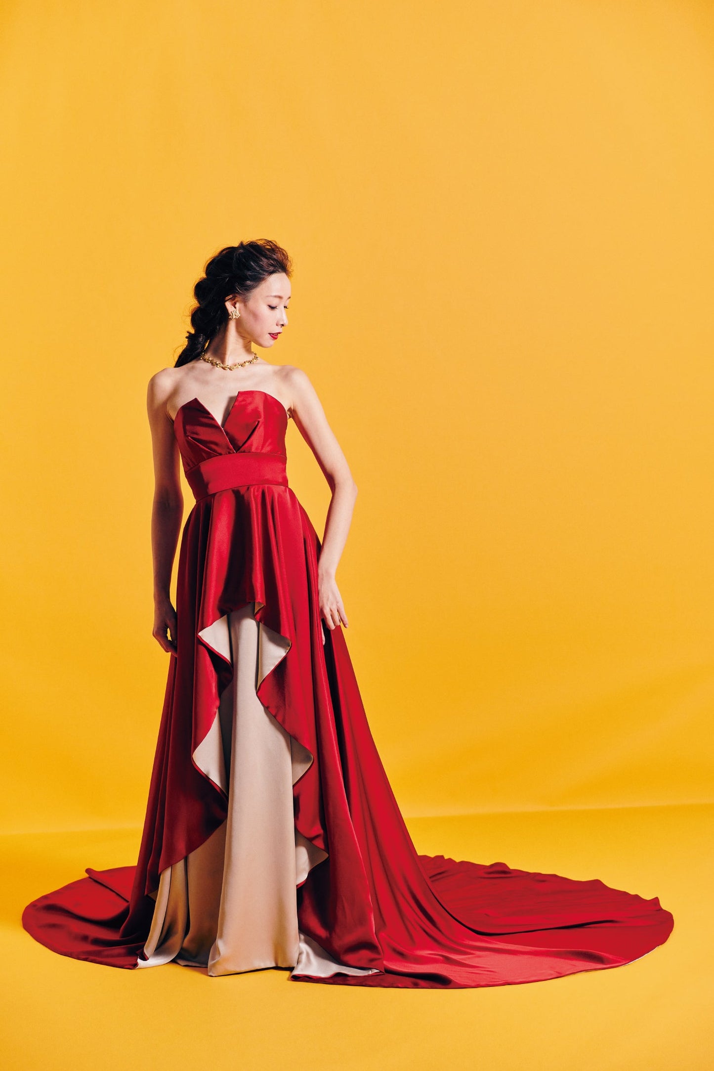 Rufina ルフィナ【カラードレス】サテン バイカラー レッド Aライン 【結婚式 レンタル】