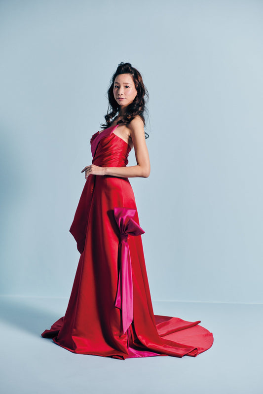 Isa イーザ【カラードレス】Aライン アシンメトリー レッド サテンドレス 【結婚式 レンタル】