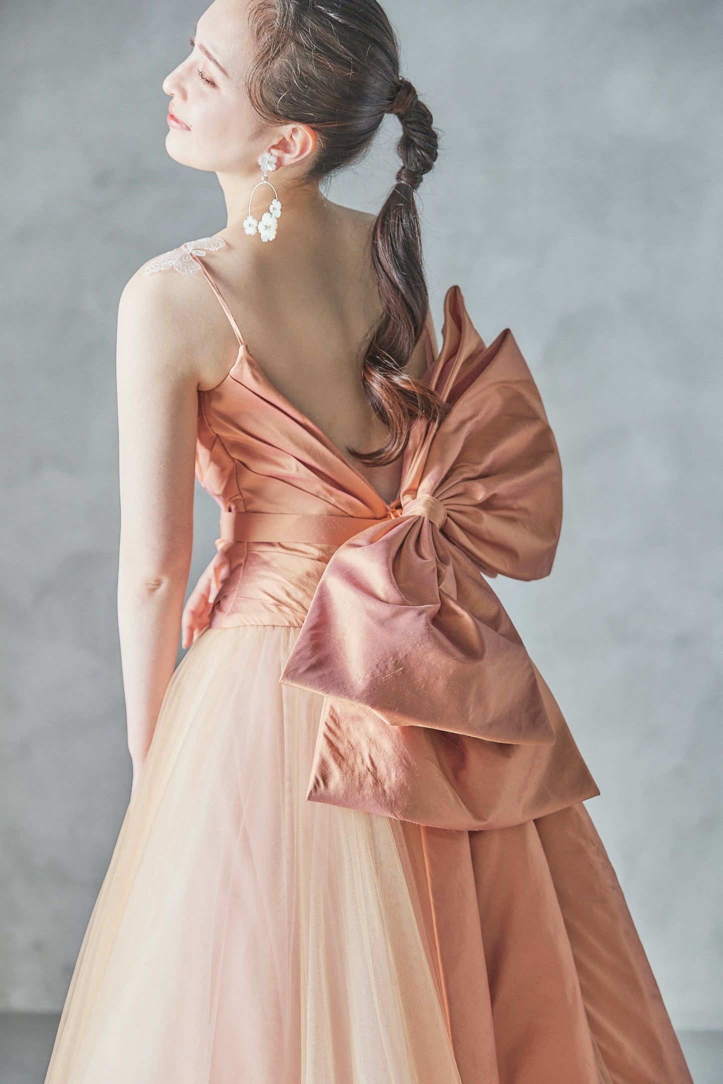 Pippa ピッパ【カラードレス】リボン チュール オレンジ Aラインドレス 【結婚式 レンタル】