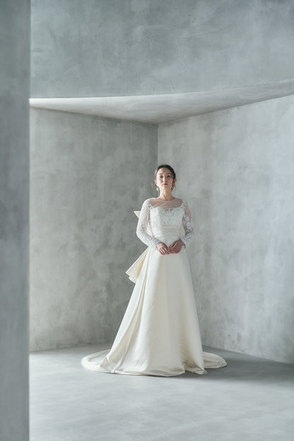 ダリア Dalia 【ウエディングドレス レンタル】Aラインサテン ロングスリーブ2way シンプルドレス 【結婚式】