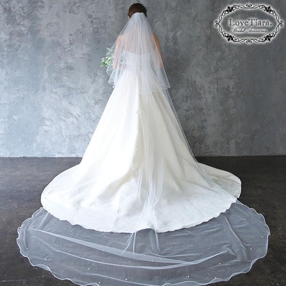 ロングベール【メロウパール&ビーズ】(フロントミディアムタイプ)【結婚式 ベール】（VLM-16）