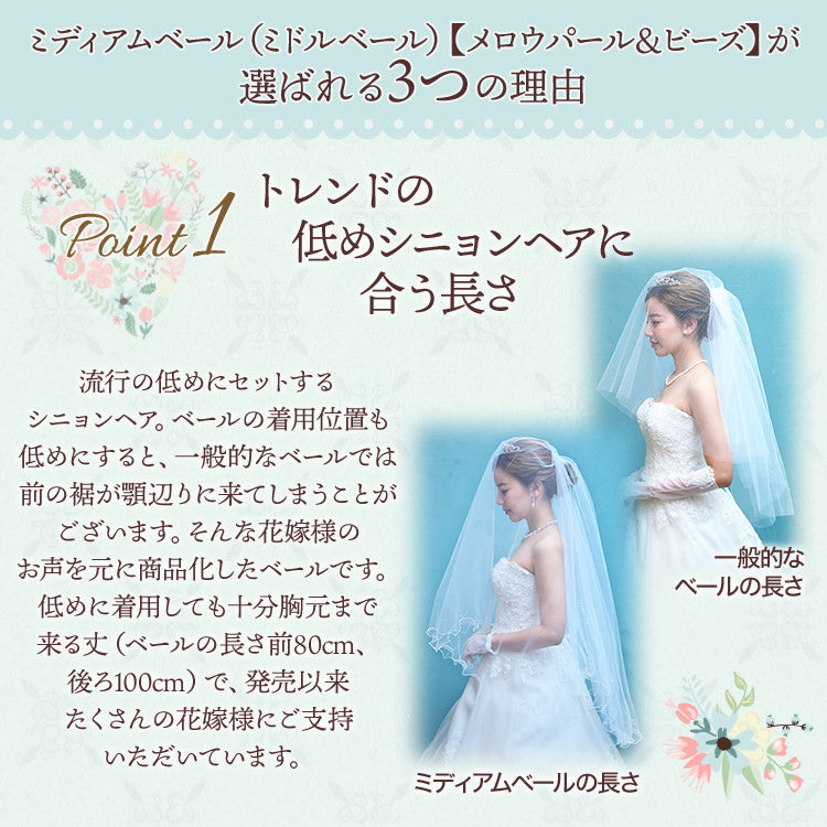 ミディアムベール【メロウパール&ビーズ】 【結婚式 ベール】（VSM-16）