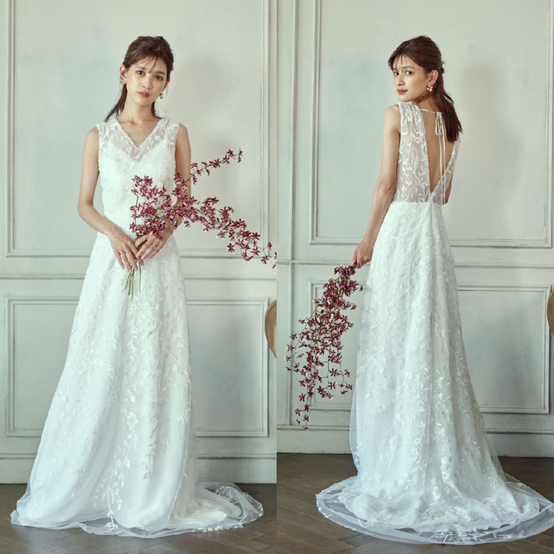 リーフ刺繍 Vネック スレンダードレス(W275)【ウェディングドレス  