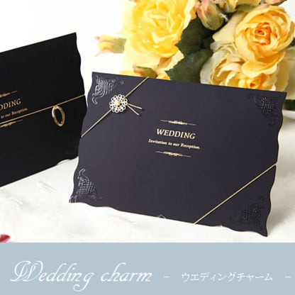 招待状セット ウェディングチャーム ネイビー フラワーチャーム【結婚式 ペーパー 招待状】