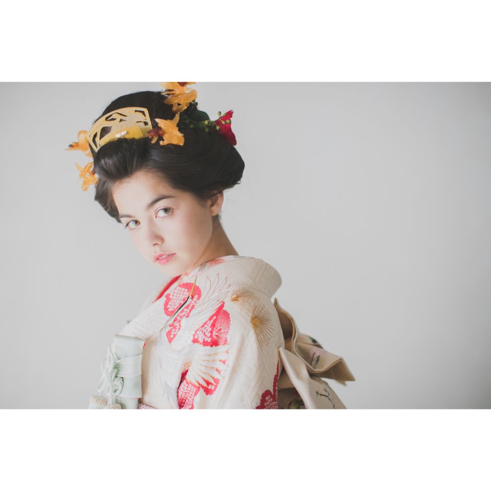 白地疋田古典鶴 【結婚式 和装 引き振袖 レンタル】