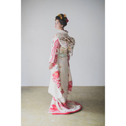 白地疋田古典鶴 【結婚式 和装 引き振袖 レンタル】