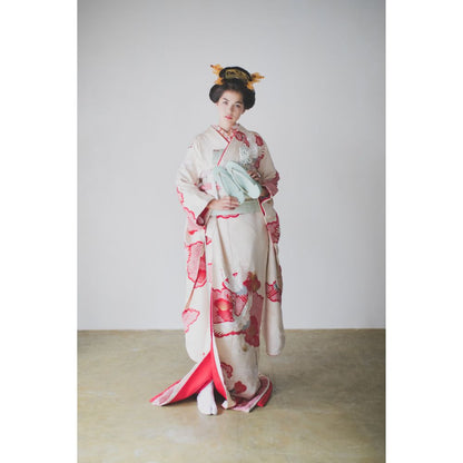 白地疋田古典鶴 【結婚式 和装 引き振袖 レンタル】