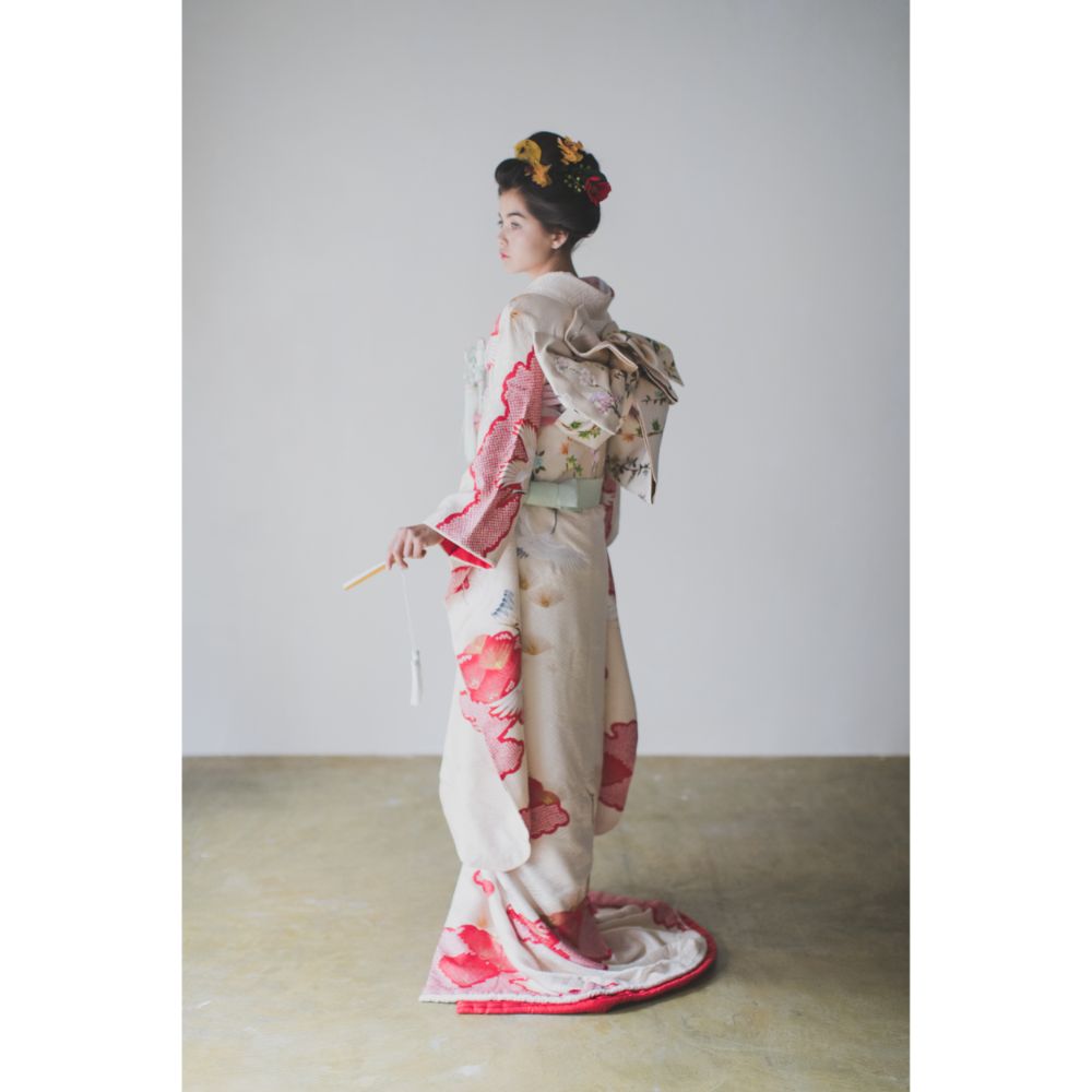 白地疋田古典鶴 【結婚式 和装 引き振袖 レンタル】