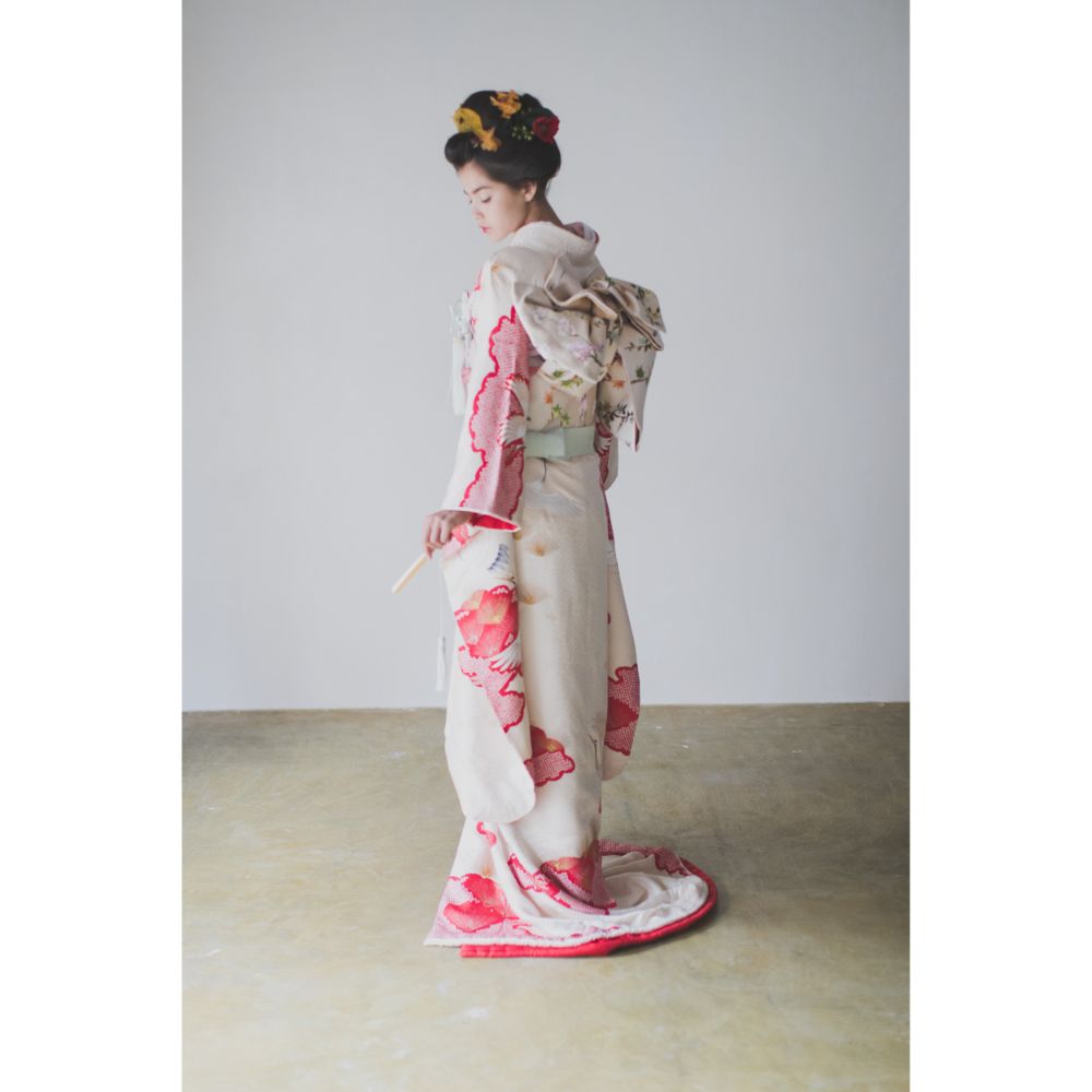 白地疋田古典鶴 【結婚式 和装 引き振袖 レンタル】