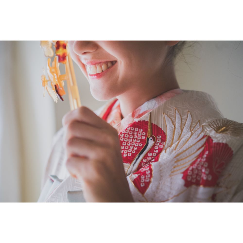 白地疋田古典鶴 【結婚式 和装 引き振袖 レンタル】