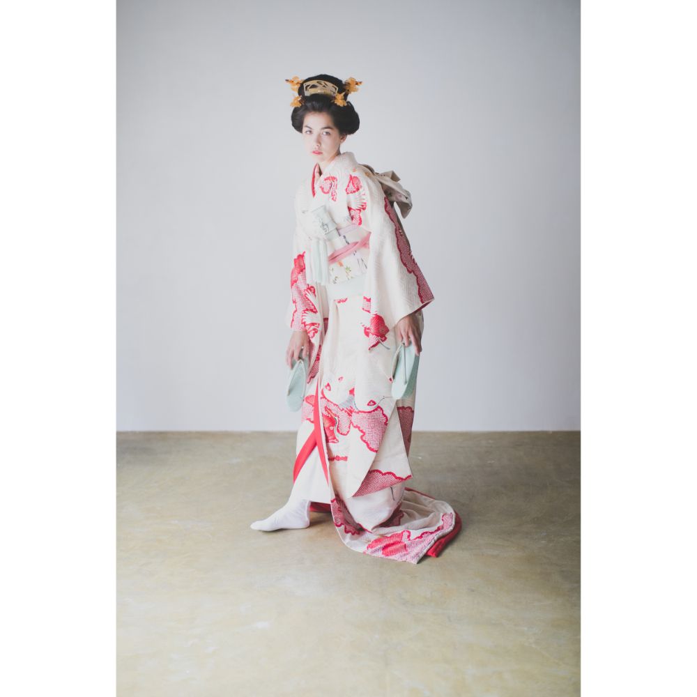 白地疋田古典鶴 【結婚式 和装 引き振袖 レンタル】