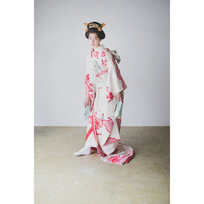 白地疋田古典鶴 【結婚式 和装 引き振袖 レンタル】