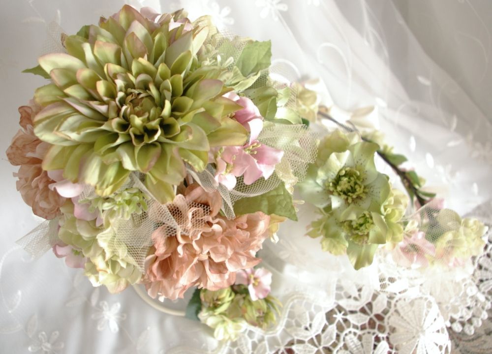 【造花】 オーダーメイド [ラウンドブーケ・花冠セット] 【結婚式 フラワー 造花 ブーケ ブートニア オーダーメイド】