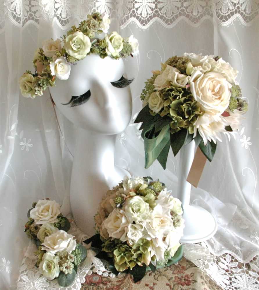 【造花】 オーダーメイド [ラウンドブーケ・花冠セット] 【結婚式 フラワー 造花 ブーケ ブートニア オーダーメイド】