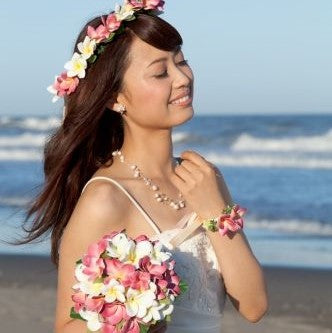 【造花】 オーダーメイド　[プルメリア花冠・リストレットセット]　【結婚式　フラワー　造花　ブーケ　ブートニア　オーダーメイド】