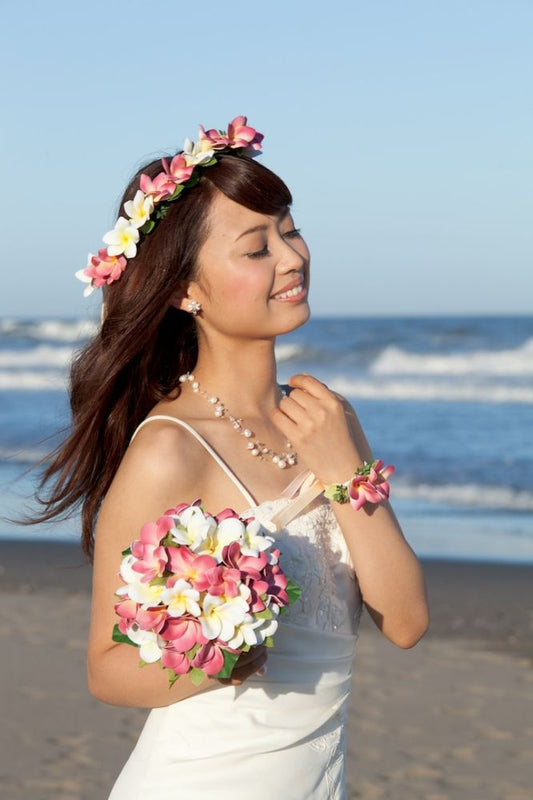 【造花】 オーダーメイド [プルメリア花冠・リストレットセット] 【結婚式 フラワー 造花 ブーケ ブートニア オーダーメイド】