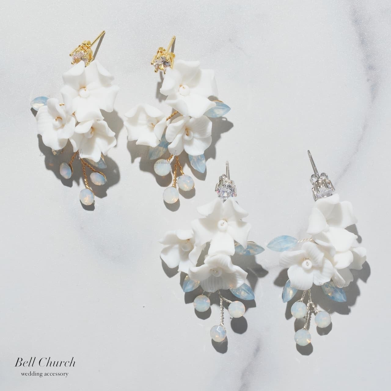 ウェディングピアス イヤリング｜ビーズ ビジュー｜お花 フラワーモチーフ｜シルバー×ホワイト(BC-E102)【結婚式　アクセサリー　ピアス　イヤリング】