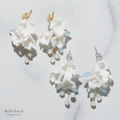 ウェディングピアス イヤリング｜ビーズ ビジュー｜お花 フラワーモチーフ｜シルバー×ホワイト(BC-E102)【結婚式　アクセサリー　ピアス　イヤリング】
