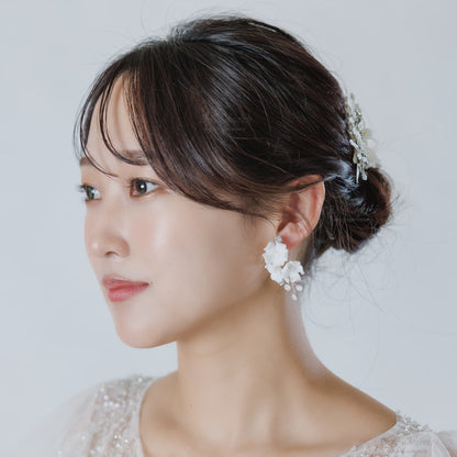 ウェディングピアス イヤリング｜ビーズ ビジュー｜お花 フラワーモチーフ｜シルバー×ホワイト(BC-E102)【結婚式　アクセサリー　ピアス　イヤリング】