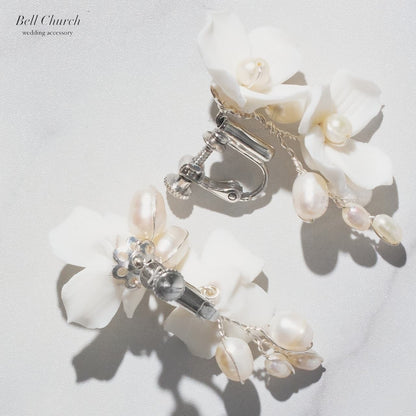 ウエディングピアス イヤリング｜パール｜お花 フラワーモチーフ｜シルバー×ホワイト(BC-E107)【結婚式　アクセサリー　ピアス　イヤリング】