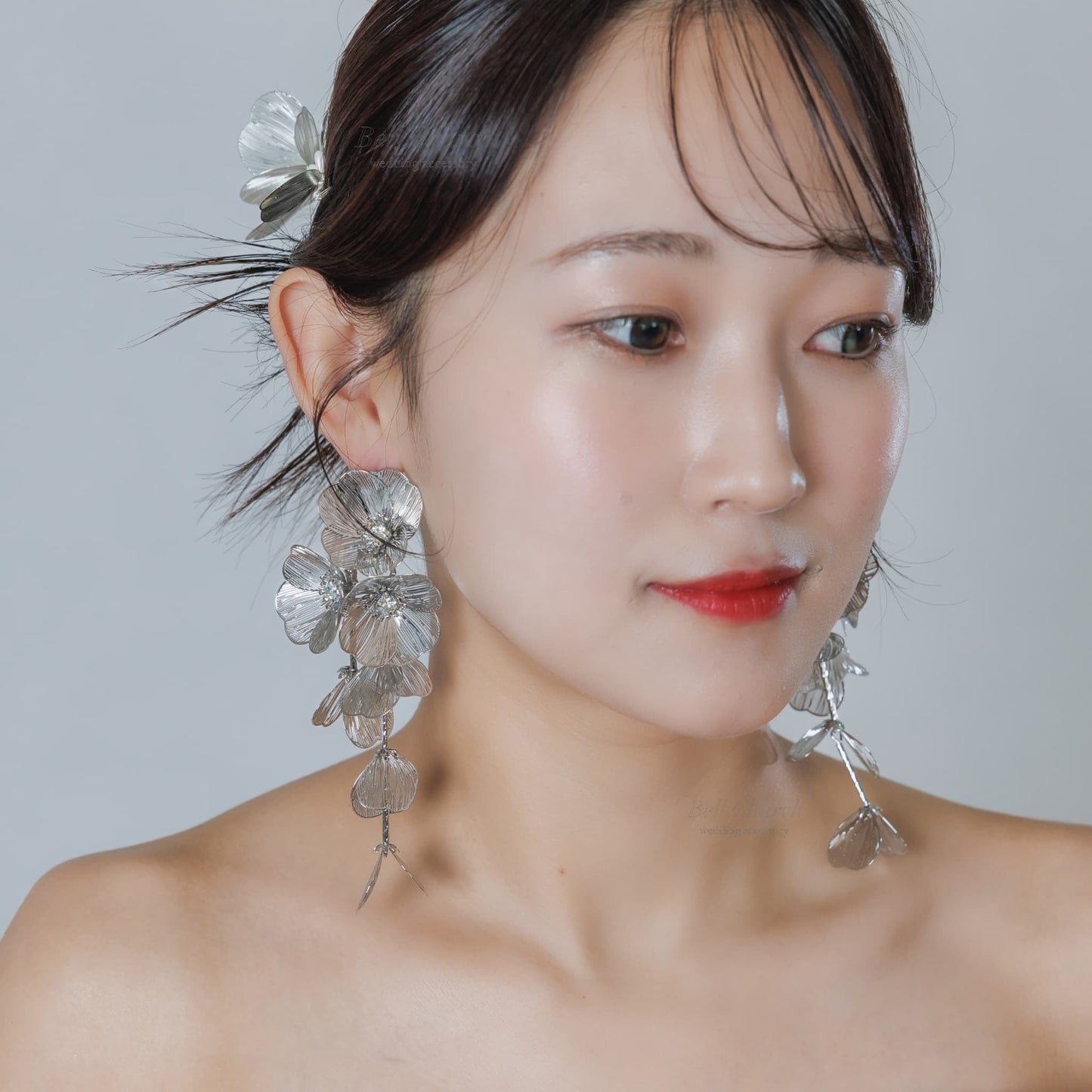 ウェディングピアス イヤリング｜ビジュー｜お花 フラワーモチーフ｜シルバー(BC-E110)【結婚式　アクセサリー　ピアス　イヤリング】