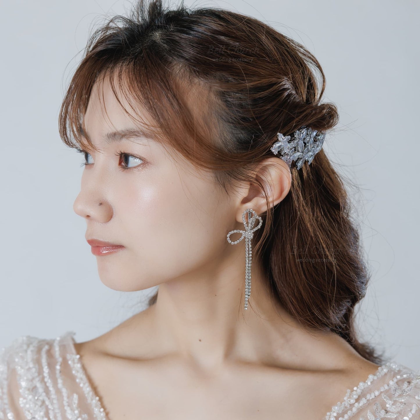 ウエディングピアス イヤリング｜ジルコニア｜リボン 蝶結び モチーフ｜シルバー(BC-E113)【結婚式　アクセサリー　ピアス　イヤリング】