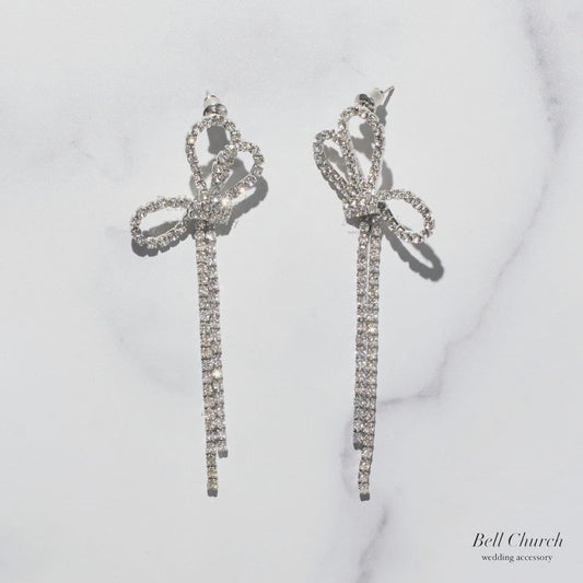 ウエディングピアス イヤリング｜ジルコニア｜リボン 蝶結び モチーフ｜シルバー(BC-E113)【結婚式　アクセサリー　ピアス　イヤリング】