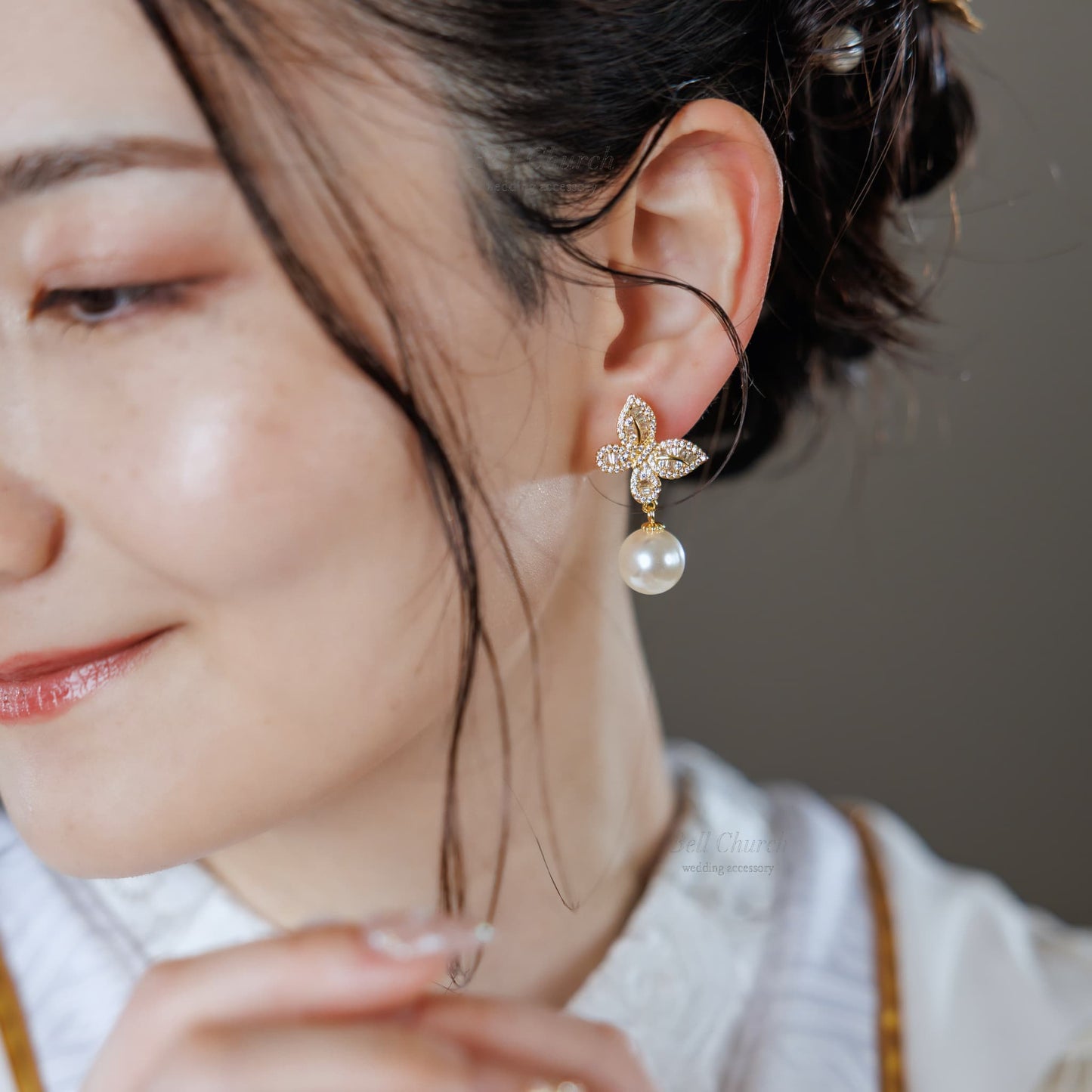 ブライダルピアス イヤリング｜ジルコニア パール｜バタフライ 蝶々モチーフ｜ゴールド(BC-E125)【結婚式　アクセサリー　ピアス　イヤリング】