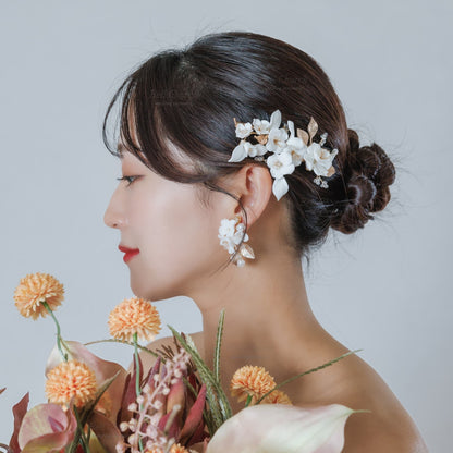 ウエディングピアス イヤリング｜パール ビーズ ｜フラワー お花モチーフ｜リーフ 葉っぱモチーフ｜ゴールド×ホワイト(BC-E127)【結婚式　アクセサリー　ピアス　イヤリング】