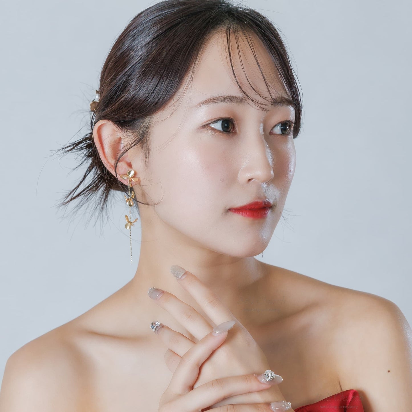 ブライダル ピアス イヤリング｜ニッケルフリー メタル チェーン ロング｜フラワー お花モチーフ｜ゴールド(BC-E132)【結婚式　アクセサリー　ピアス　イヤリング】