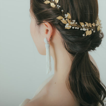 ビーズタッセルピアス　イヤリング | ホワイト  (BC-E32)｜ウェディングアクセサリー【結婚式　アクセサリー　ピアス　イヤリング】