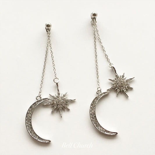 ウェディングピアス　イヤリング |星 月 モチーフ｜シルバー (BC-E35)【結婚式　アクセサリー　ピアス　イヤリング】