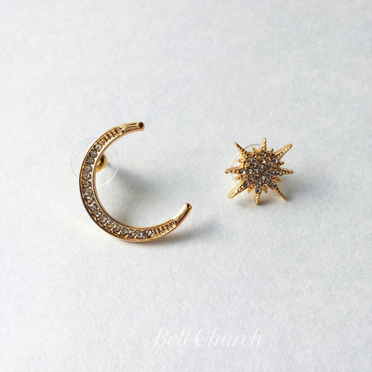 ウェディングピアス　イヤリング |星 月モチーフ｜キュービックジルコニア｜ゴールド (BC-E42)【結婚式　アクセサリー　ピアス　イヤリング】