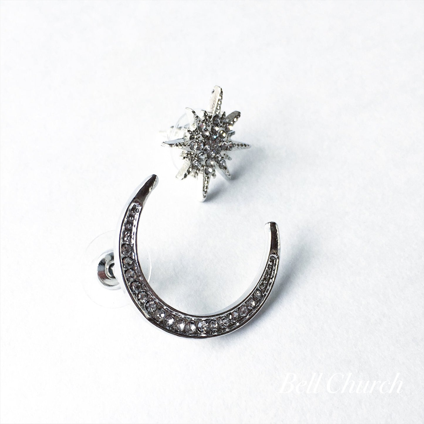 ウェディングピアス　イヤリング |星 月モチーフ｜キュービックジルコニア｜シルバー (BC-E43)【結婚式　アクセサリー　ピアス　イヤリング】