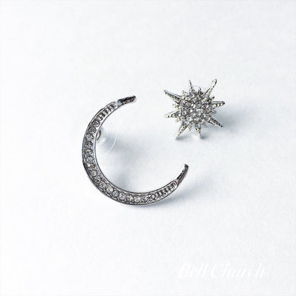 ウェディングピアス　イヤリング |星 月モチーフ｜キュービックジルコニア｜シルバー (BC-E43)【結婚式　アクセサリー　ピアス　イヤリング】