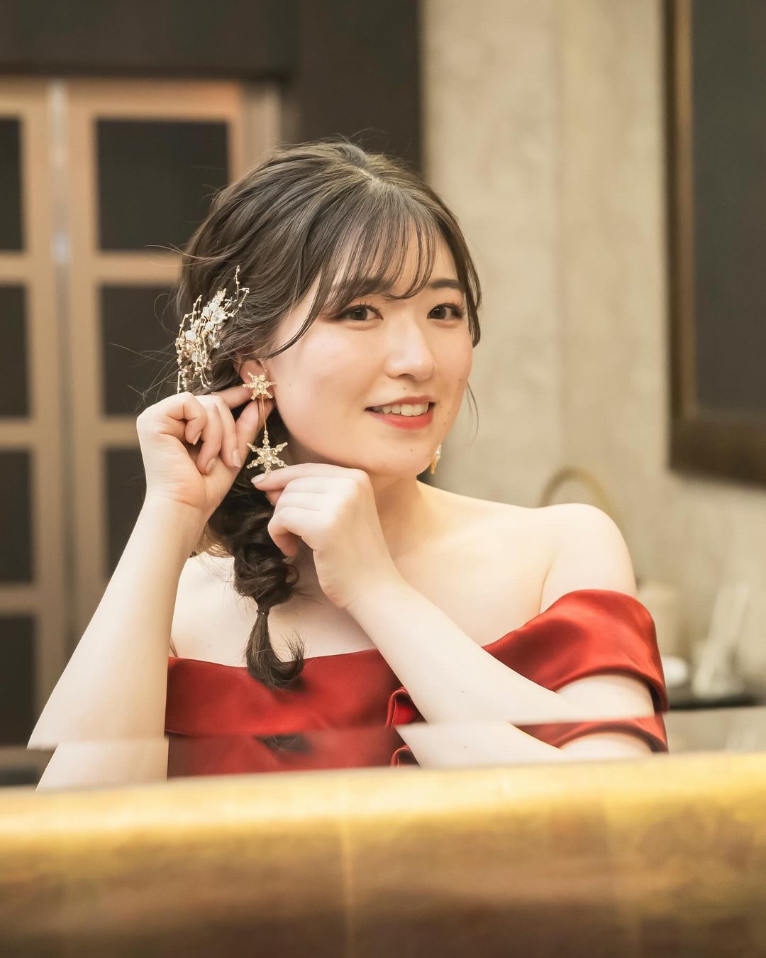 ウェディング ピアス イヤリング｜星(スター) モチーフ｜ビジュー ラインストーン｜2連 ロング｜ゴールド (BC-E54)【結婚式　アクセサリー　ピアス　イヤリング】