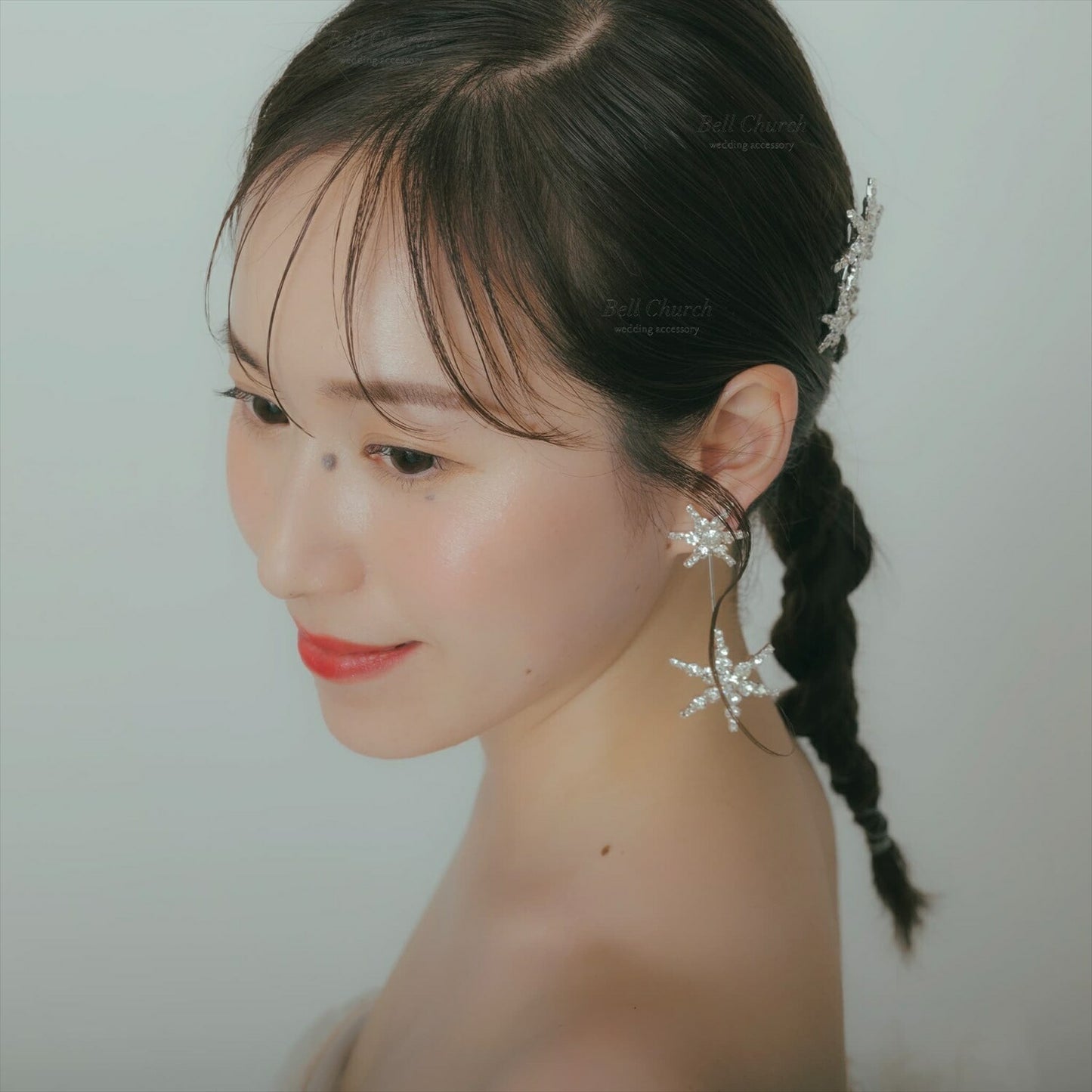 ウェディング ピアス イヤリング｜星(スター) モチーフ｜ビジュー ラインストーン｜2連 ロング｜シルバー (BC-E55)【結婚式　アクセサリー　ピアス　イヤリング】